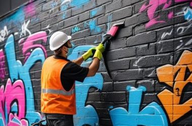 worker clearing garffiti